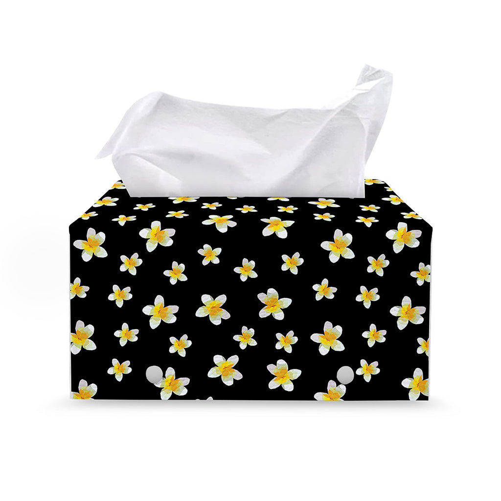 Black Plumeria Flower Pattern Print Leather Tissue Box Cover