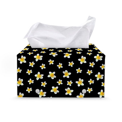 Black Plumeria Flower Pattern Print Leather Tissue Box Cover
