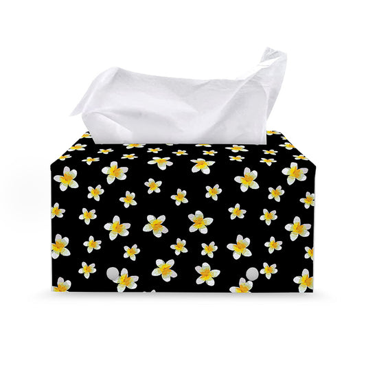 Black Plumeria Flower Pattern Print Leather Tissue Box Cover