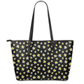 Black Plumeria Flower Pattern Print Leather Tote Bag With Zipper