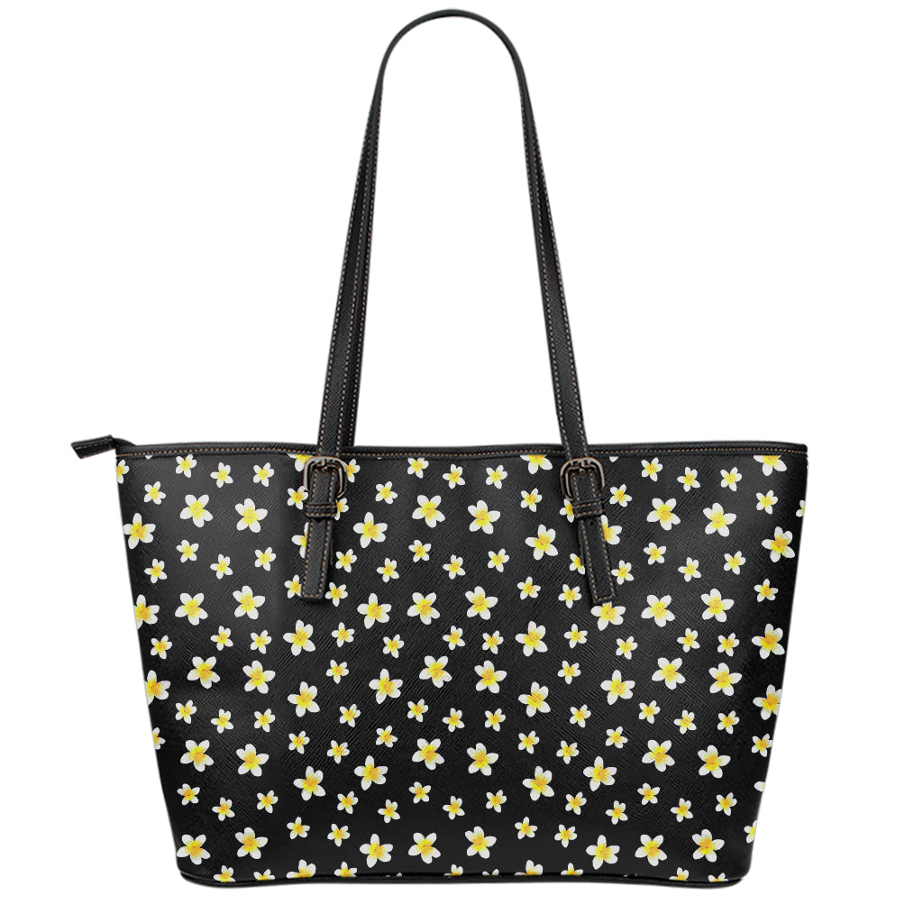 Black Plumeria Flower Pattern Print Leather Tote Bag