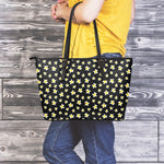 Black Plumeria Flower Pattern Print Leather Tote Bag