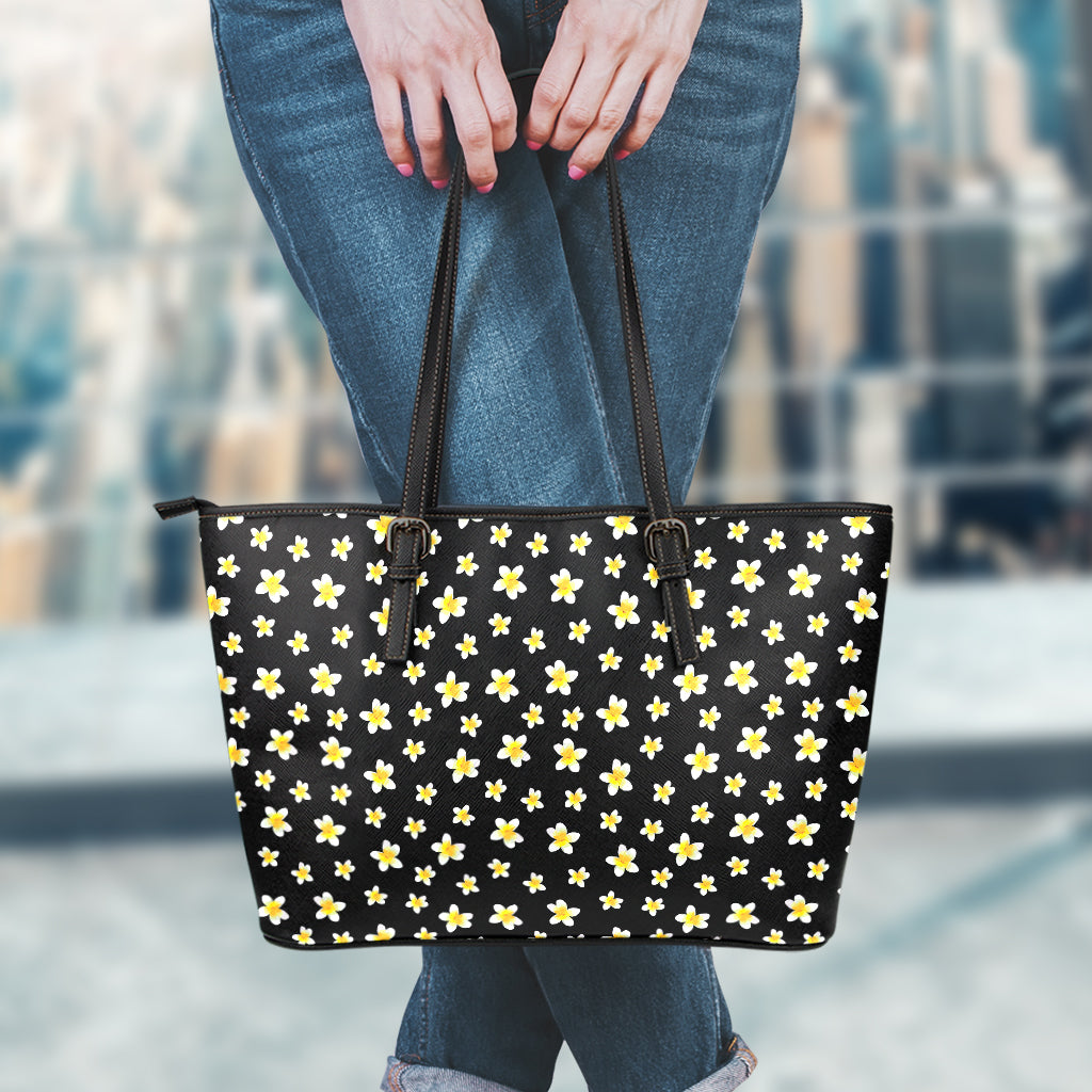 Black Plumeria Flower Pattern Print Leather Tote Bag