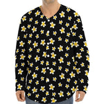 Black Plumeria Flower Pattern Print Long Sleeve Baseball Jersey