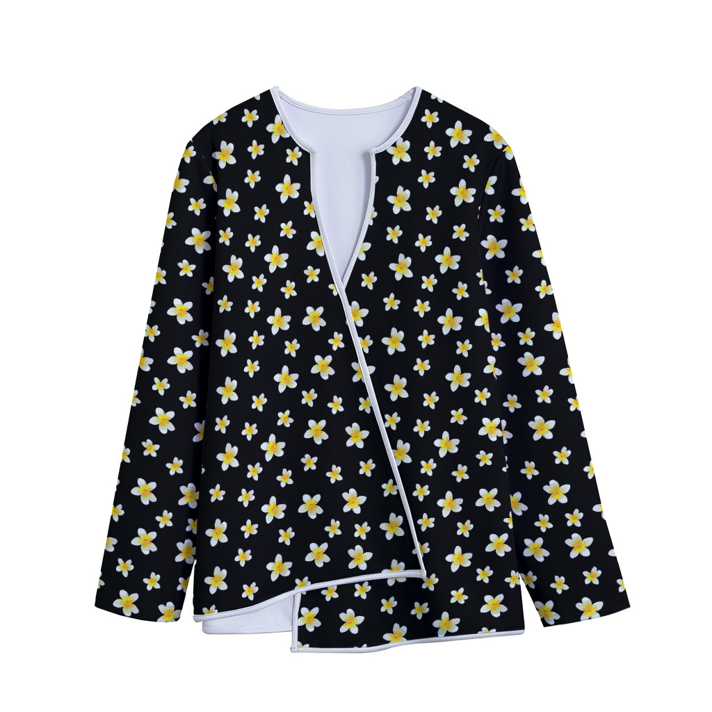 Black Plumeria Flower Pattern Print Long Sleeve Short Coat