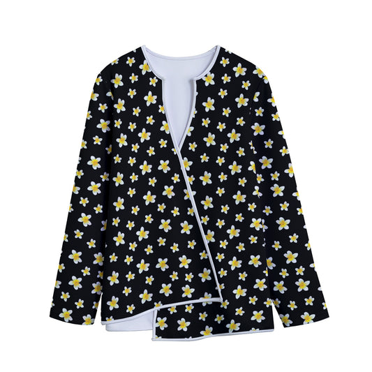 Black Plumeria Flower Pattern Print Long Sleeve Short Coat