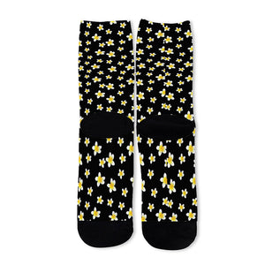 Black Plumeria Flower Pattern Print Long Socks