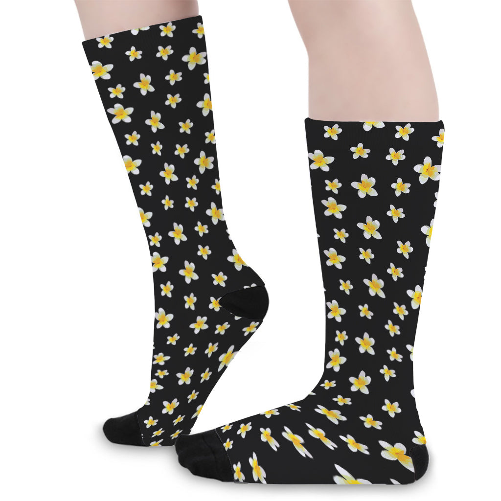 Black Plumeria Flower Pattern Print Long Socks