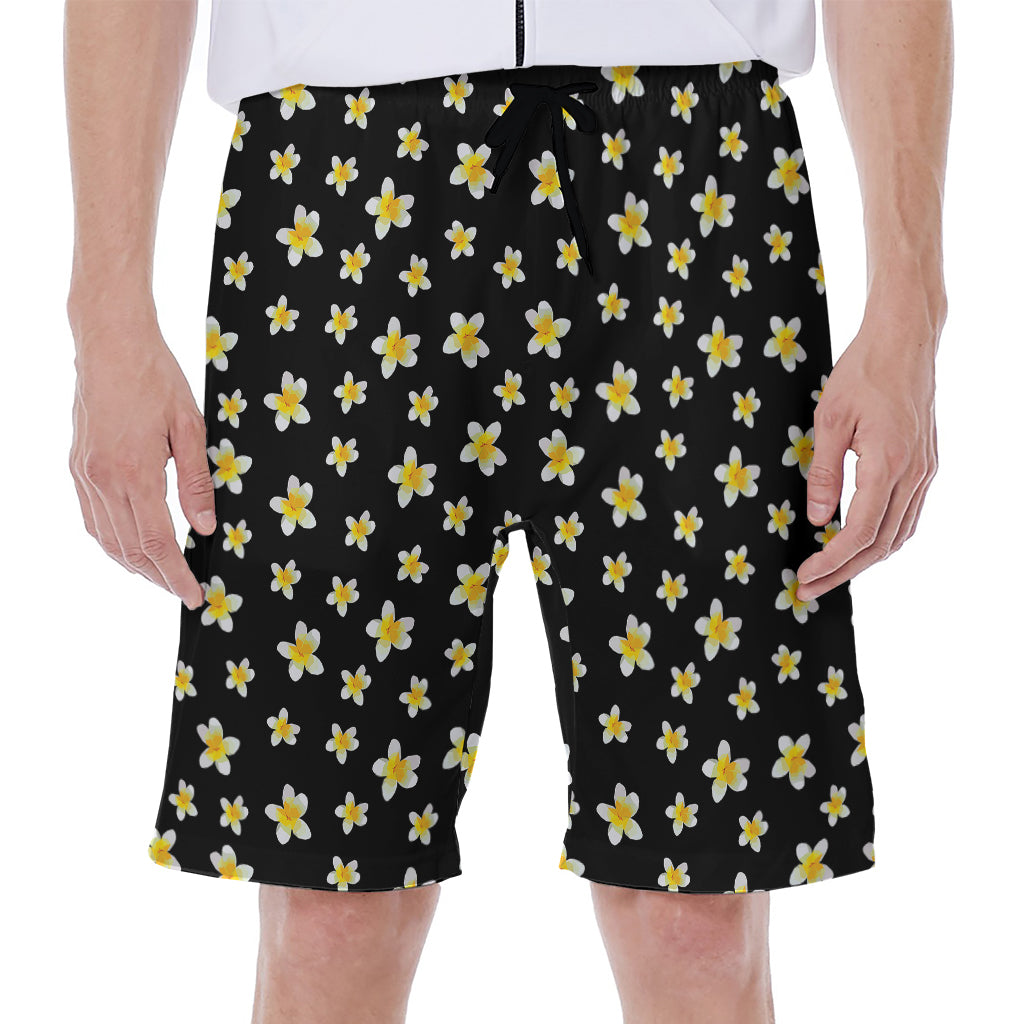 Black Plumeria Flower Pattern Print Men's Beach Shorts