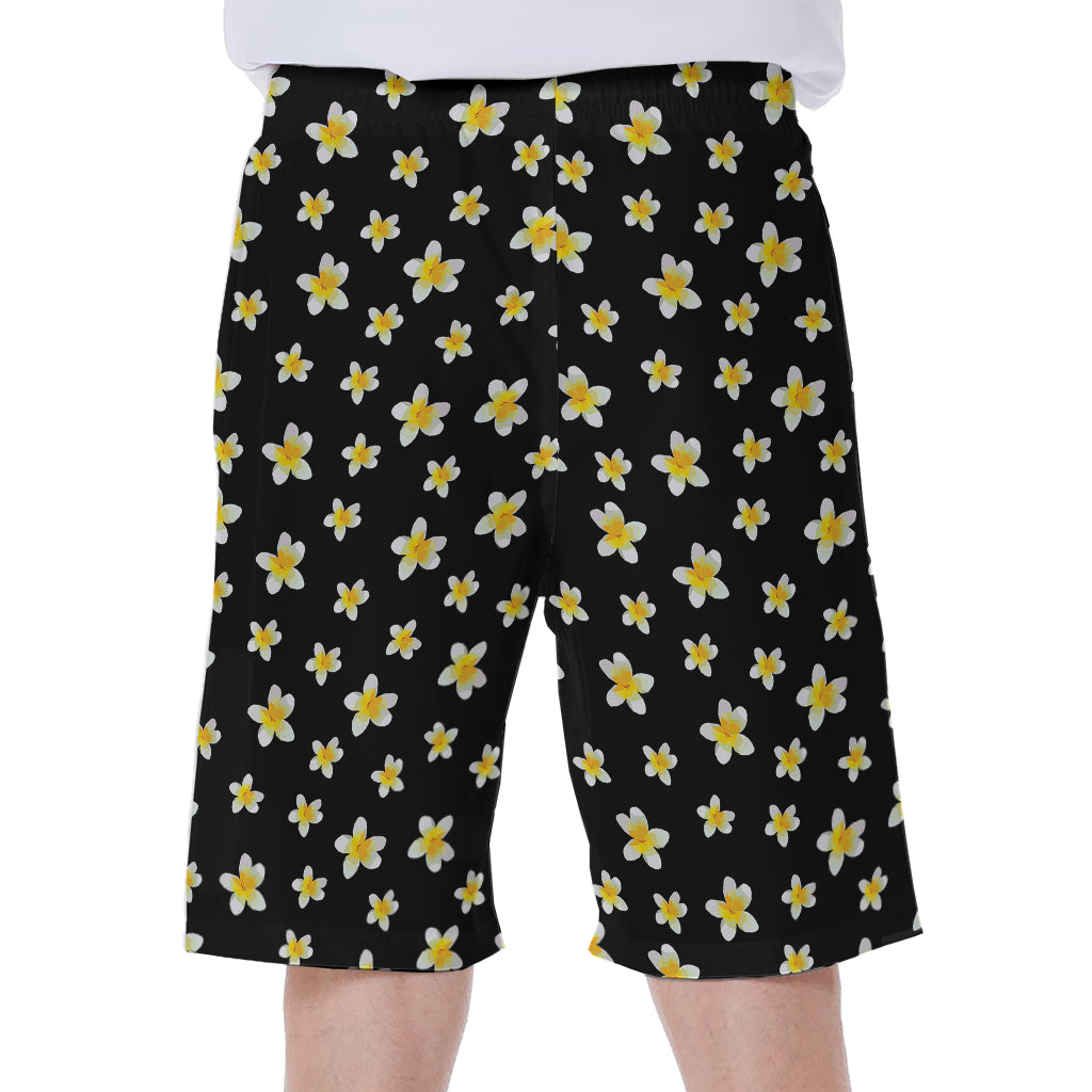 Black Plumeria Flower Pattern Print Men's Beach Shorts