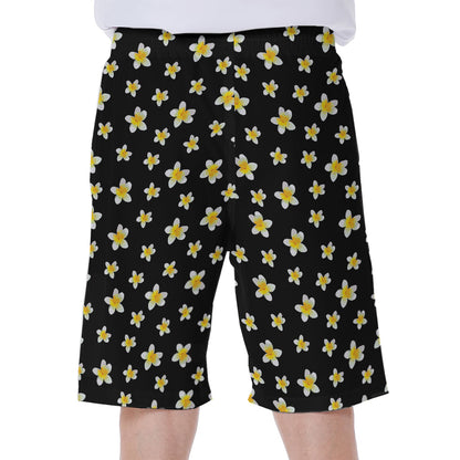 Black Plumeria Flower Pattern Print Men's Beach Shorts