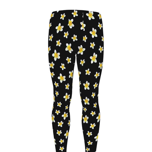 Black Plumeria Flower Pattern Print Men's leggings
