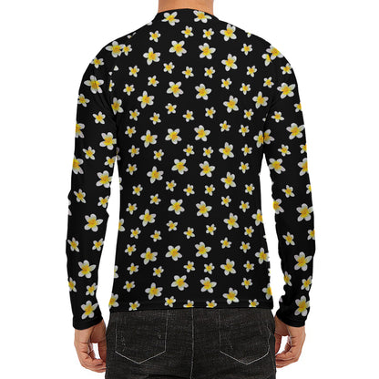 Black Plumeria Flower Pattern Print Men's Long Sleeve Rash Guard