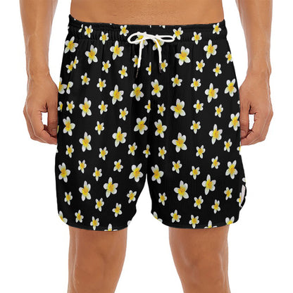 Black Plumeria Flower Pattern Print Men's Split Running Shorts