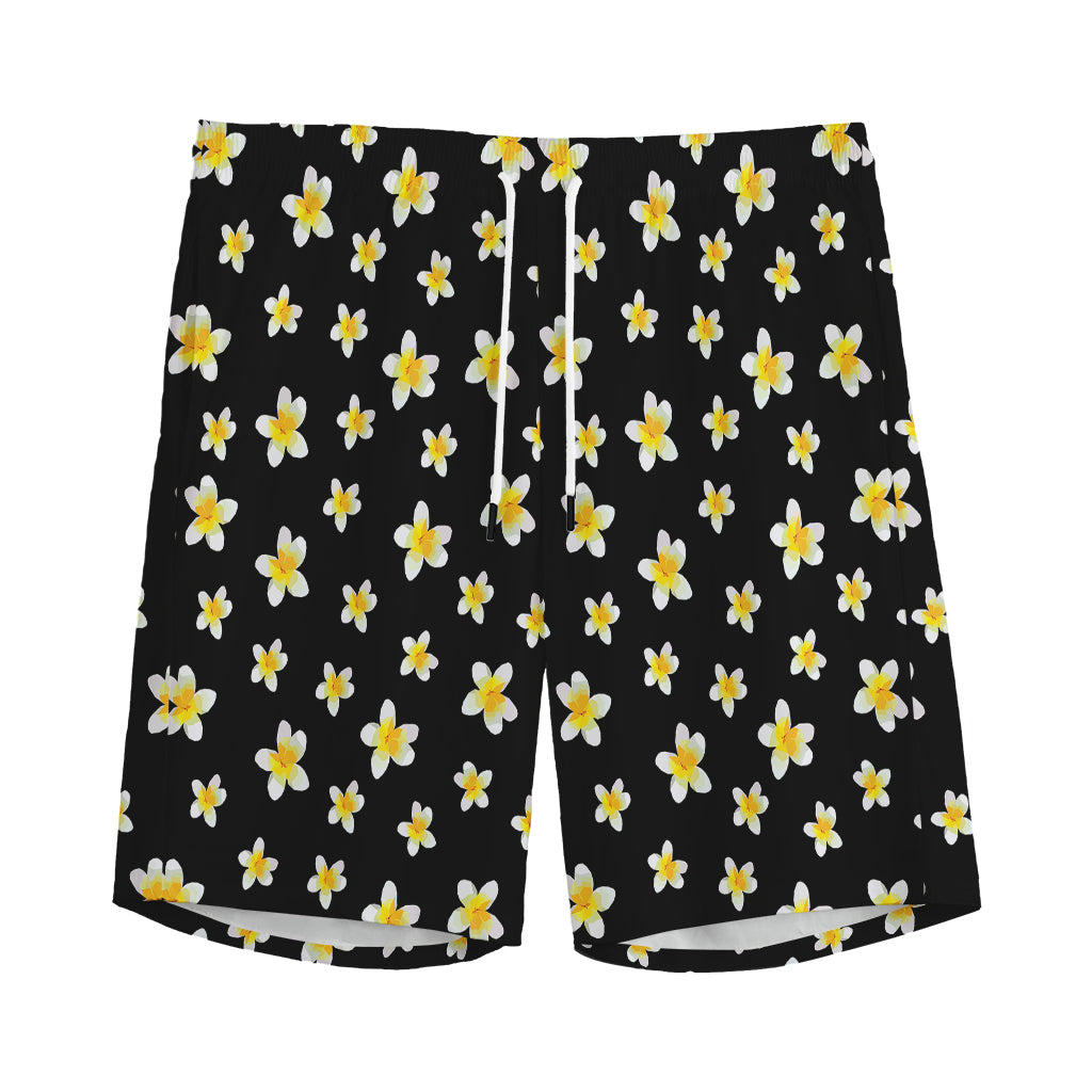 Black Plumeria Flower Pattern Print Men's Sports Shorts