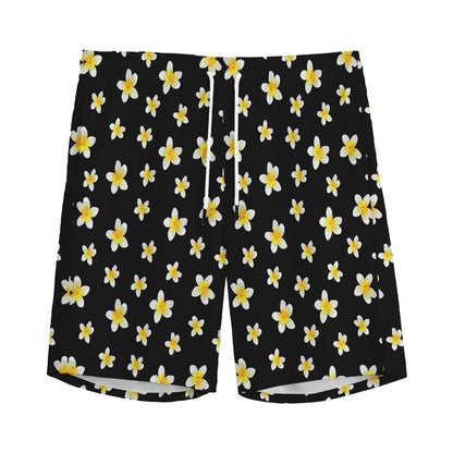 Black Plumeria Flower Pattern Print Men's Sports Shorts