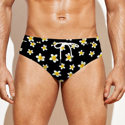 Black Plumeria Flower Pattern Print Men's Swim Briefs