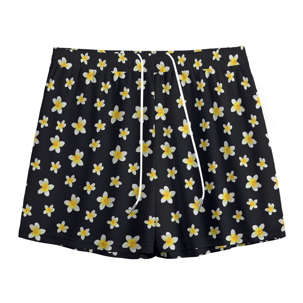 Black Plumeria Flower Pattern Print Mesh Shorts