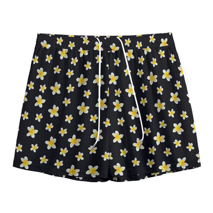 Black Plumeria Flower Pattern Print Mesh Shorts