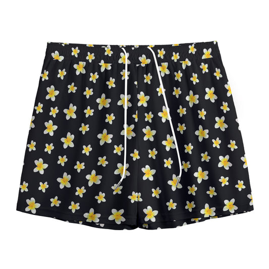 Black Plumeria Flower Pattern Print Mesh Shorts