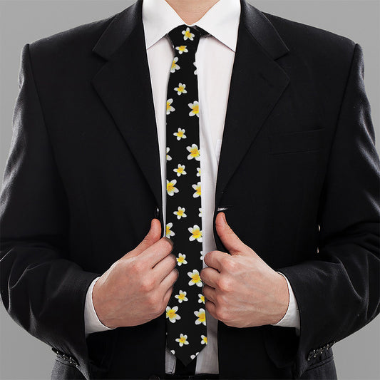 Black Plumeria Flower Pattern Print Necktie