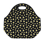 Black Plumeria Flower Pattern Print Neoprene Lunch Bag