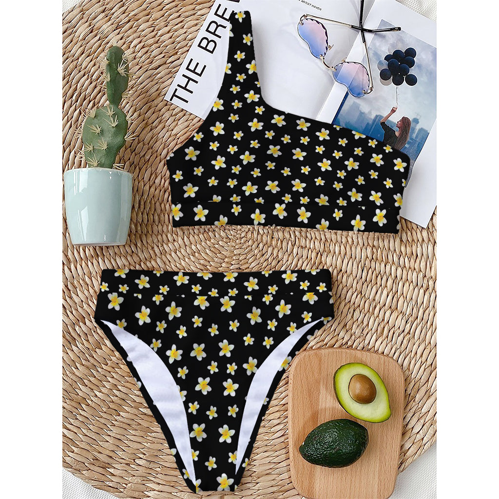 Black Plumeria Flower Pattern Print One Shoulder Bikini Top
