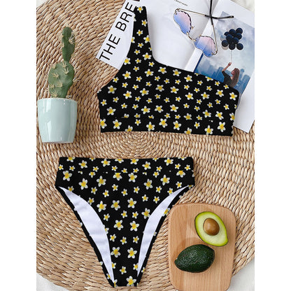 Black Plumeria Flower Pattern Print One Shoulder Bikini Top