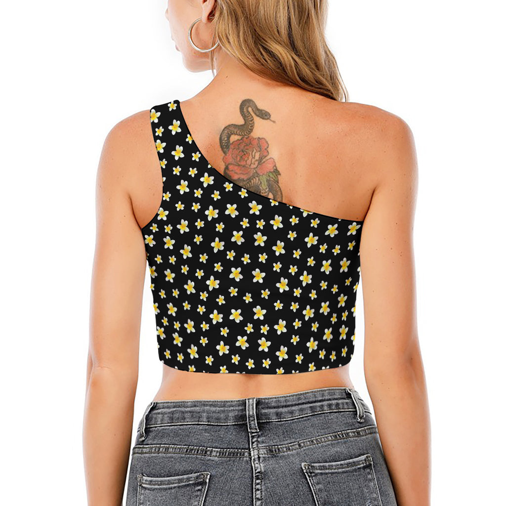 Black Plumeria Flower Pattern Print One Shoulder Crop Top