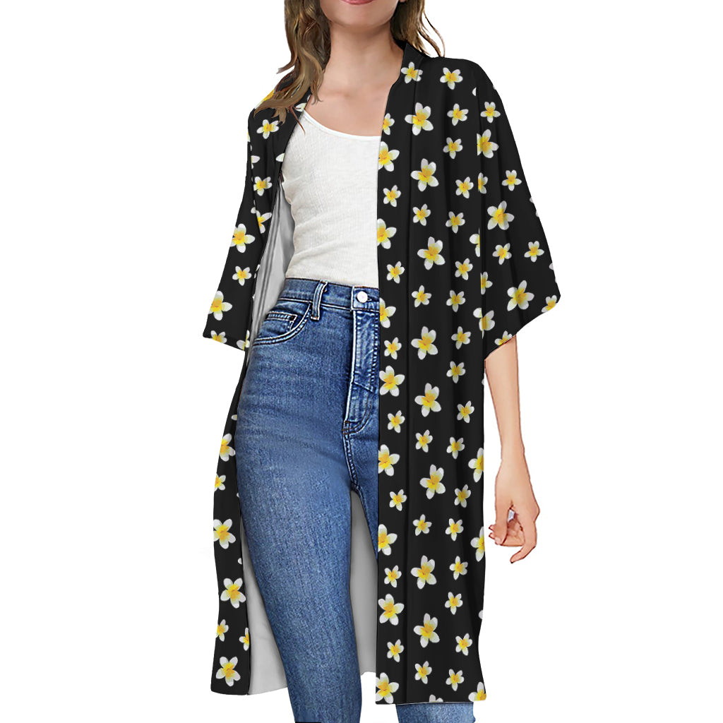 Black Plumeria Flower Pattern Print Open Front Beach Cover Up