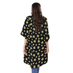 Black Plumeria Flower Pattern Print Open Front Beach Cover Up