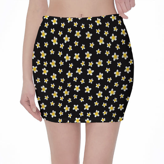 Black Plumeria Flower Pattern Print Pencil Mini Skirt