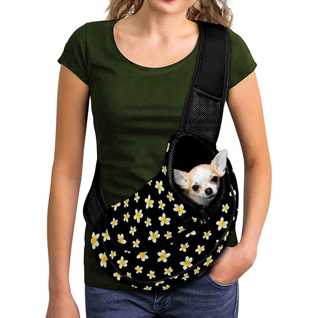 Black Plumeria Flower Pattern Print Pet Sling Carrier