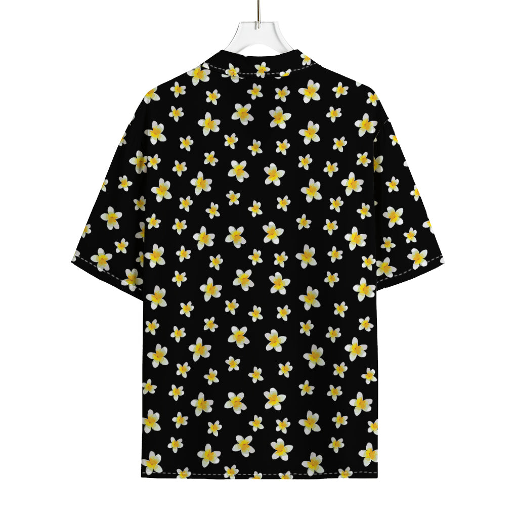 Black Plumeria Flower Pattern Print Rayon Hawaiian Shirt