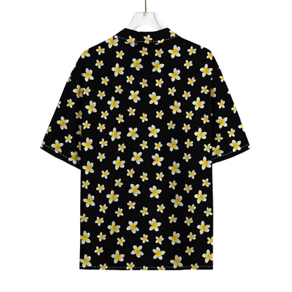 Black Plumeria Flower Pattern Print Rayon Hawaiian Shirt
