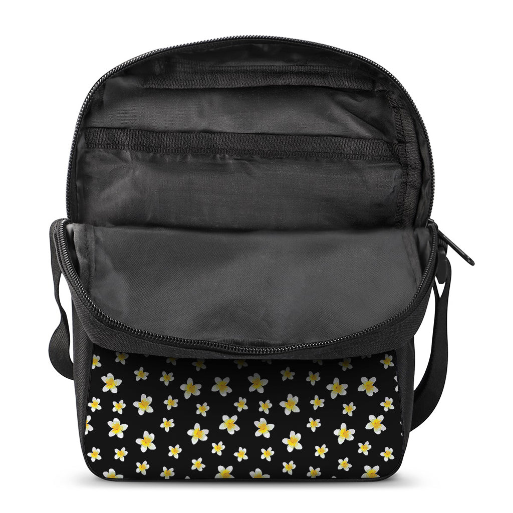 Black Plumeria Flower Pattern Print Rectangular Crossbody Bag