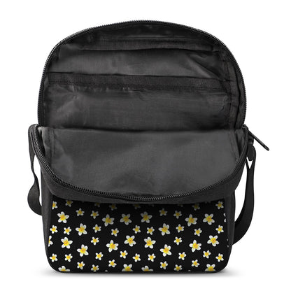 Black Plumeria Flower Pattern Print Rectangular Crossbody Bag