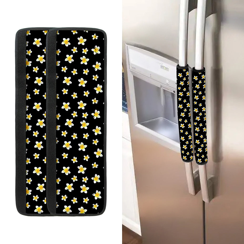 Black Plumeria Flower Pattern Print Refrigerator Handle Covers