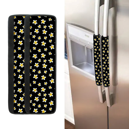 Black Plumeria Flower Pattern Print Refrigerator Handle Covers