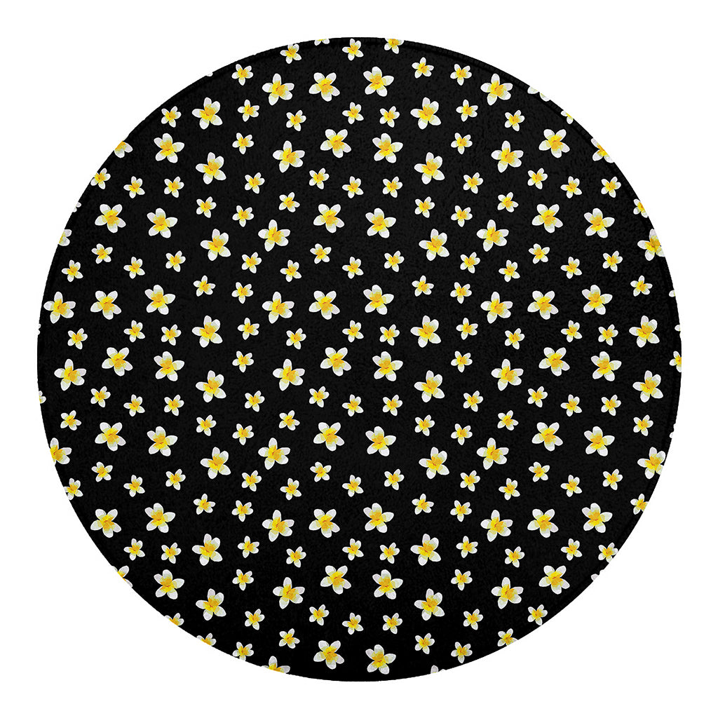 Black Plumeria Flower Pattern Print Round Blanket