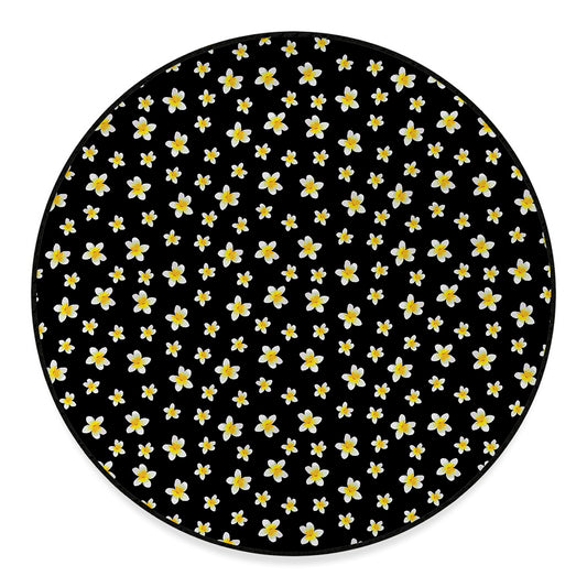 Black Plumeria Flower Pattern Print Round Floor Mat