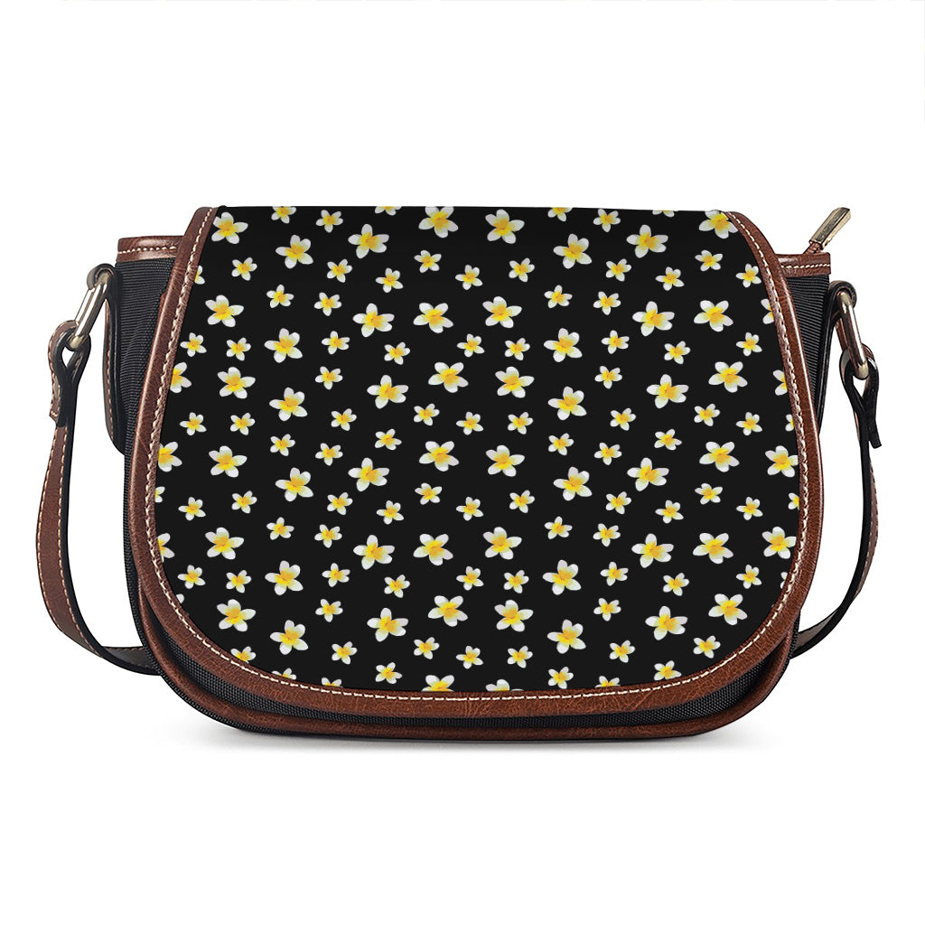 Black Plumeria Flower Pattern Print Saddle Bag