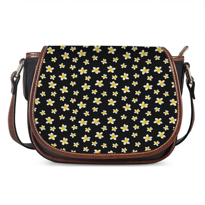 Black Plumeria Flower Pattern Print Saddle Bag
