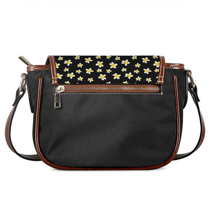 Black Plumeria Flower Pattern Print Saddle Bag
