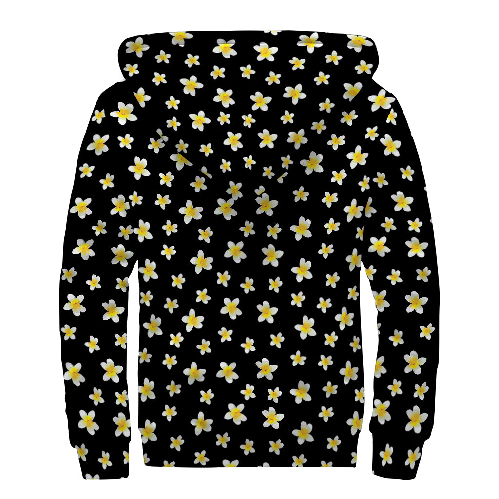 Black Plumeria Flower Pattern Print Sherpa Lined Zip Up Hoodie