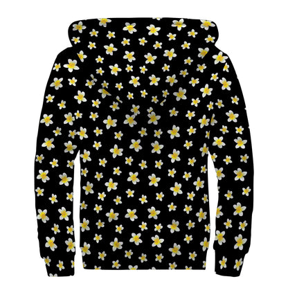 Black Plumeria Flower Pattern Print Sherpa Lined Zip Up Hoodie
