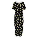Black Plumeria Flower Pattern Print Short Sleeve Long Nightdress