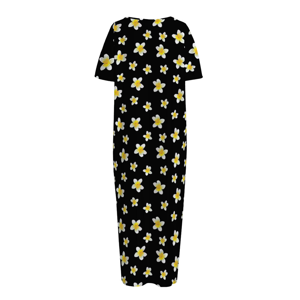 Black Plumeria Flower Pattern Print Short Sleeve Long Nightdress
