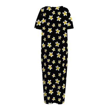 Black Plumeria Flower Pattern Print Short Sleeve Long Nightdress