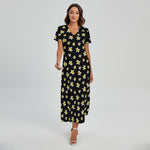 Black Plumeria Flower Pattern Print Short Sleeve Maxi Dress
